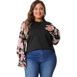 Agnes Orinda Plus Size Tops for Women Crew Neck Floral Printed Long Sleeve 2X
